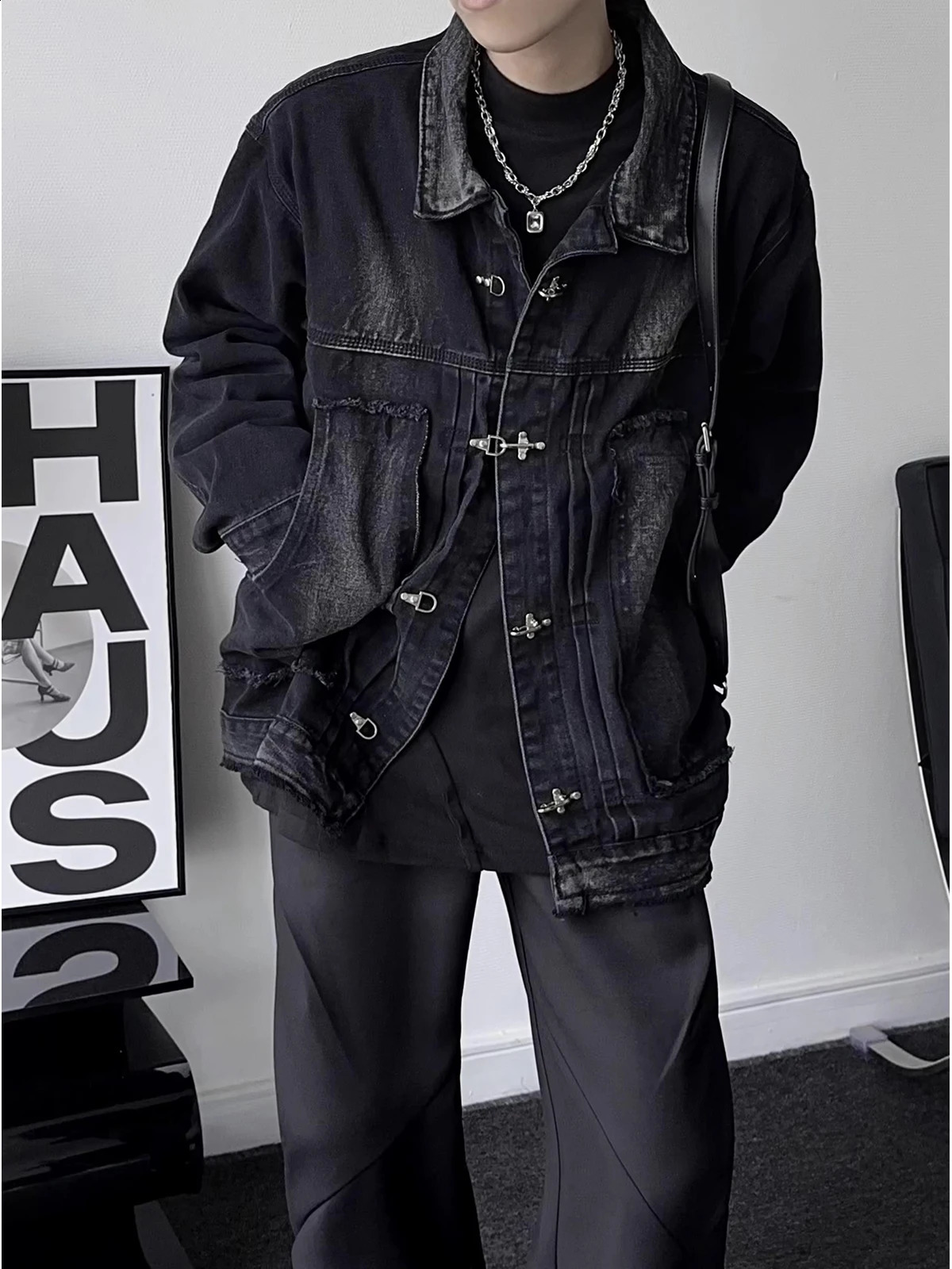 REDDACHIC 90s Mens Button Deconstructed Denim Bomber Jacket Frayed Oversize Coat Distressed Black Hip Hop Street Autumn Outerwear 250529