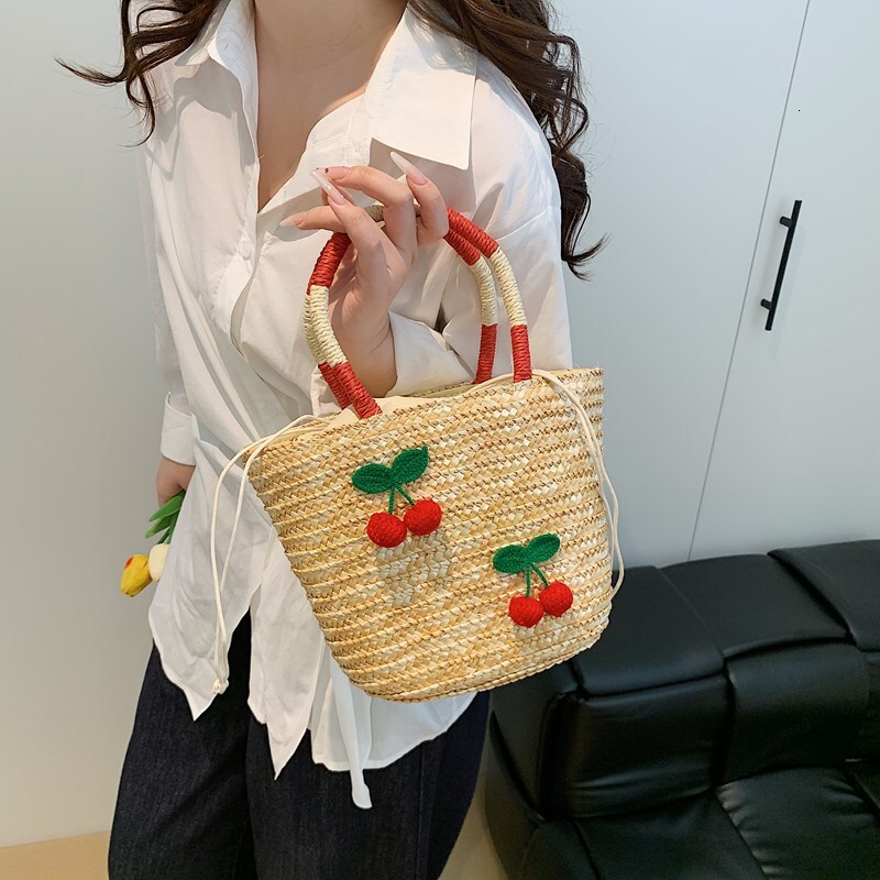 designer Cherry Straw Woven Handbag for Women Cute Beach Vacation Beach Bag Hollow Woven Crossbody Bucket Bag