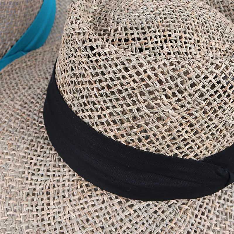 100% Natural Grasses Straw Hat Women 2025 Summer Wide Brim Travel Beach Sun Hat Black Ribbon Protection Visor Cap Panama Sunhat W250602