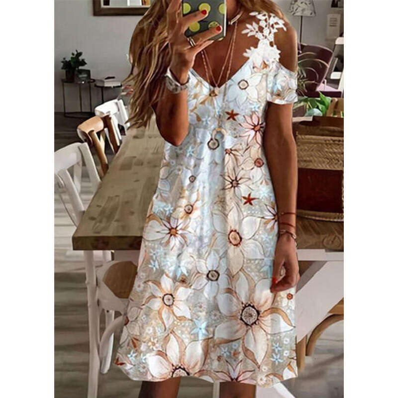 Robe Floral Dress Womens Dresses Dresses for Woman Elegant Robe Summer Dress Promdress 2025 Summer New Womens Printed Off the Shoulder Short Sleeve La