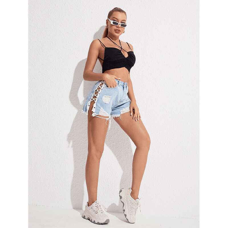 Denim Shorts Jeans Shorts High Waist Slimming Drawstring Denim Shorts For Women Summer New Slim Fit Leg Lengthening Hot Pants Ripped Short Jeans