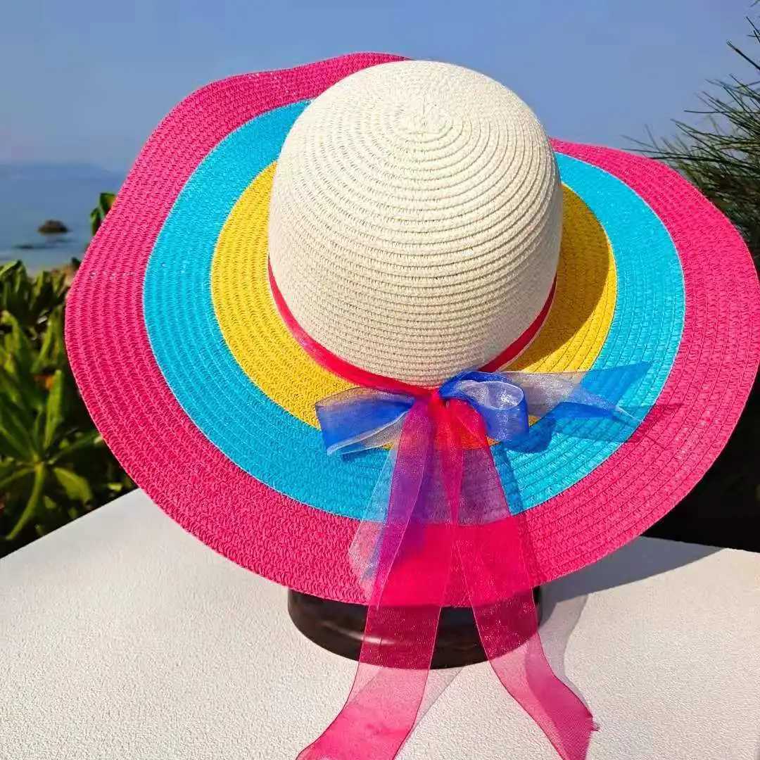 Rainbow Hat Womens Colorful Big Brim Straw Hat Summer Sunscreen Sunshade Hat Tourism Sun Hat Beach Hat Wholesale W250602
