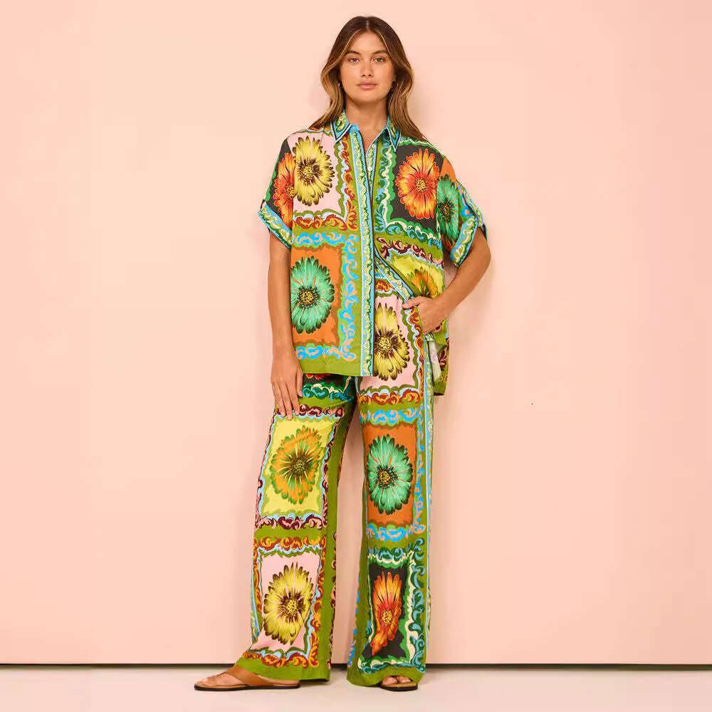 Women's Fashion New Printed Elastic Waist Pocket Wide Leg Pants Casual Set For Summer B5