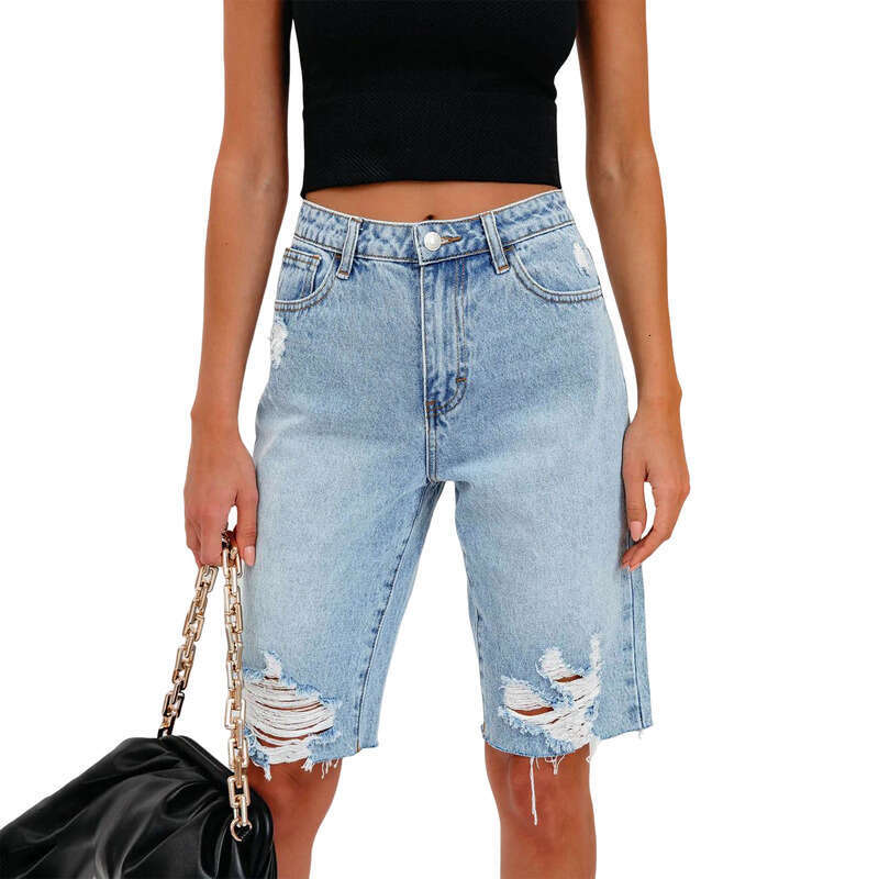 Denim Shorts Jeans Shorts New Summer High Elasticity Skinny Mid Waist Five Point Pants Ripped Jeans For Women Super Hot Ripped Short Jeans