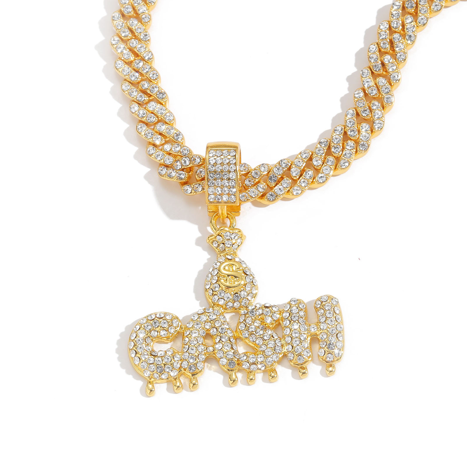 Hip Hop Necklace Mens CASH Letter Full Diamond Money Bag Pendant Personalized Trendy Cuban Chain Hip Hop Accessories Moissanite pendant