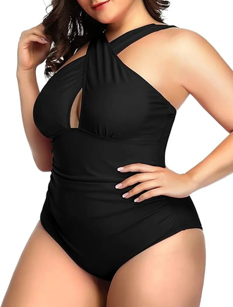 2024 Summer Women Plus Size Swimsuits Front Cross Tummy Control Black Sexy Swimwear Backless Bathing Suit 250528Z