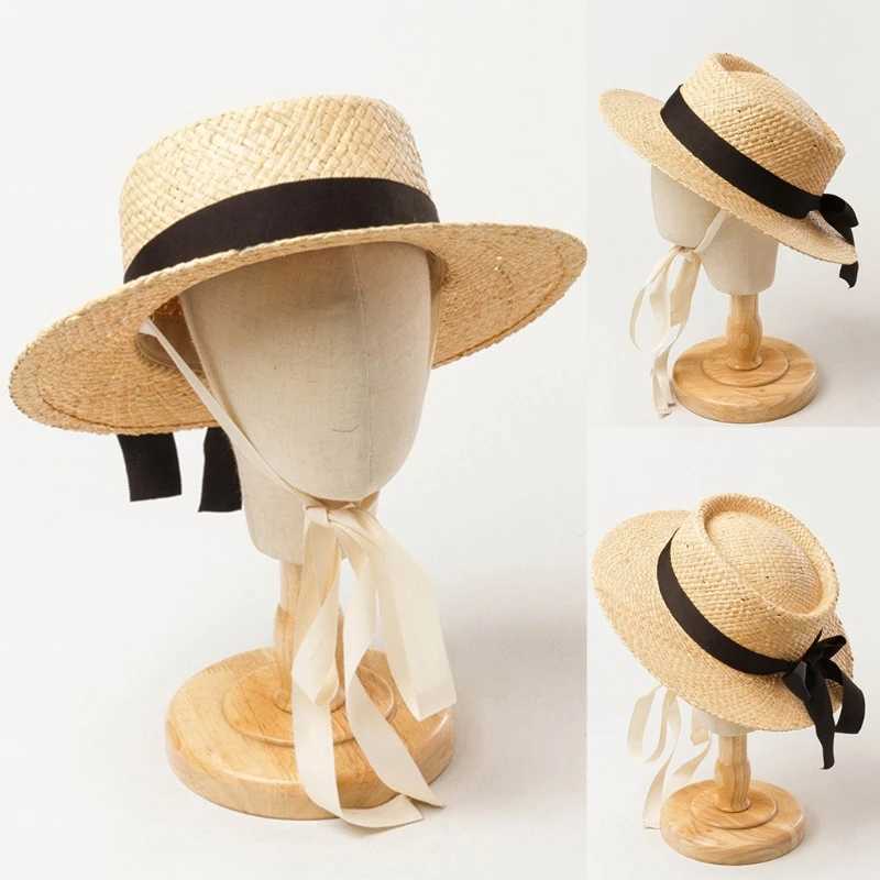 Sun Hat 53cm Head Circumference for Children Outdoor Chin Straps Adjustable Straw Hat Girls Raffia Sun Cap Summer Beach Seashore W250602