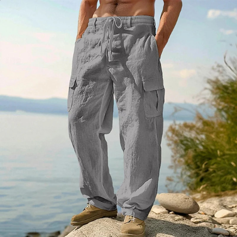 Multi Pockets Patchwork Mens Cargo Pants Summer Trendy Solid Color Loose Linen Trousers Men Vacation Beach Casual Trousers 250528
