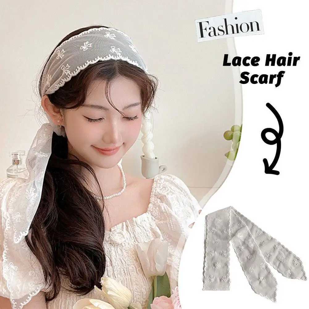 Vintage Lace Hair Scarf Summer Sweet Bow Headband Elegant Ribbon Decor Hair Band Long Narrow Neckscarf Fashion Decorative Scarf W250602