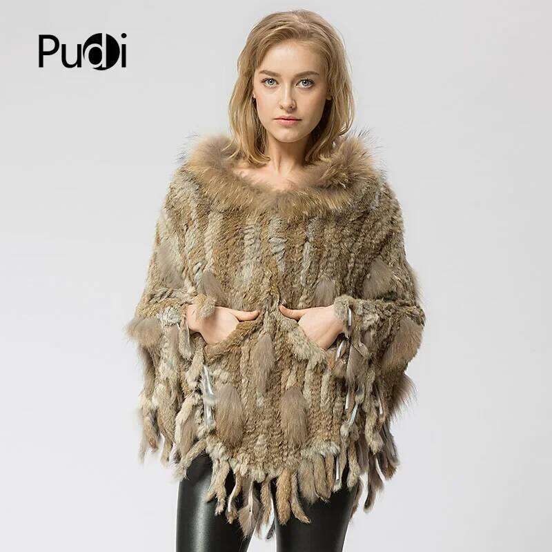 SRR002-2 Real Knitted Rabbit & Raccoon Fur Shawl Poncho Stole Shrug Cape Robe Tippet Wrap Women's Winter Warm Coat/outwear