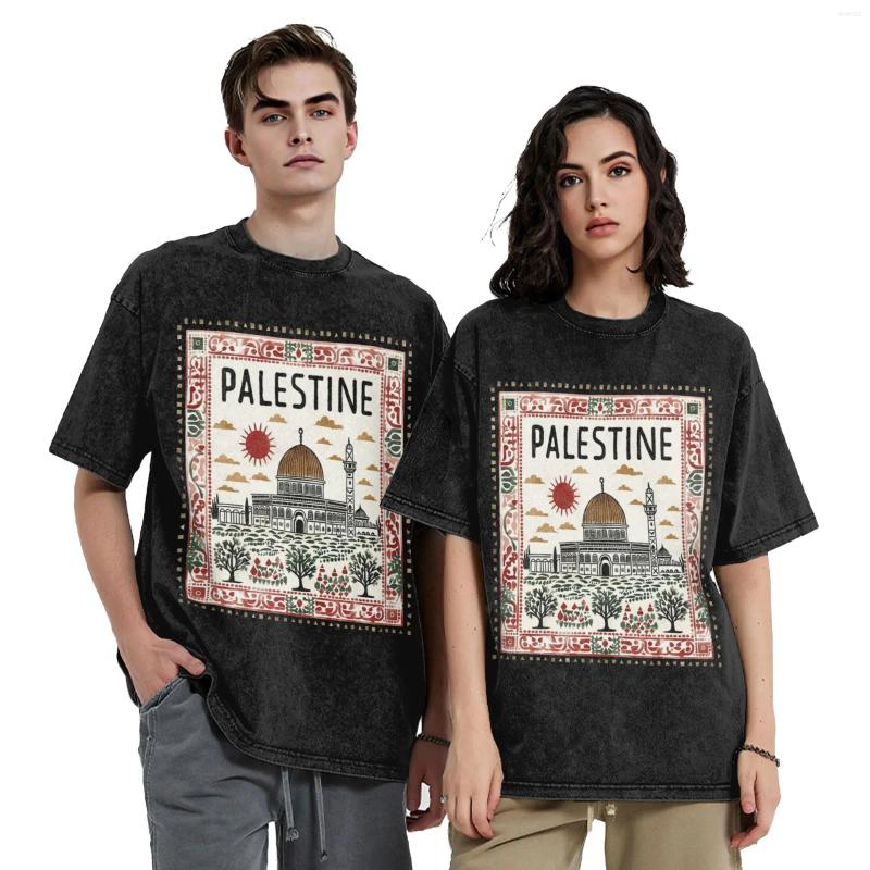 Men's T Shirts Funny Palestine Mosque Stamp T-Shirt For Men Round Neck Pure Cotton Washed Short Sleeve Tee Shirt Birthday Gift Tops