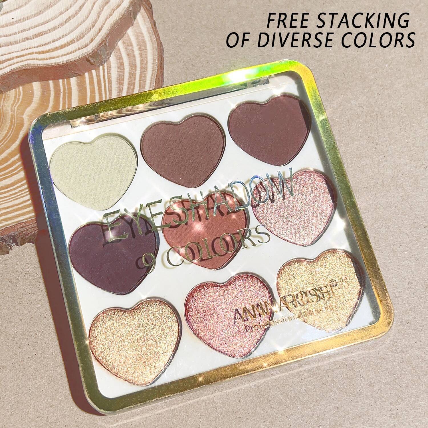 9 Colors Palette, Lovely Heart Shape, High Pigmented, Waterproof Eyeshadow Matte Glitter Pearly Finish Brown Grey Mult