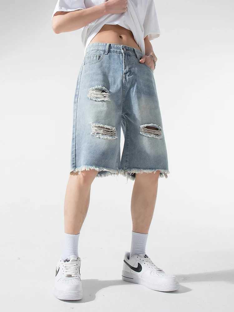 Streetwear Ripped Denim Shorts Men Summer New Fashion Straight Loose Short Jeans Washed Vintage Korean Mens Shorts Size M-3XL T250603