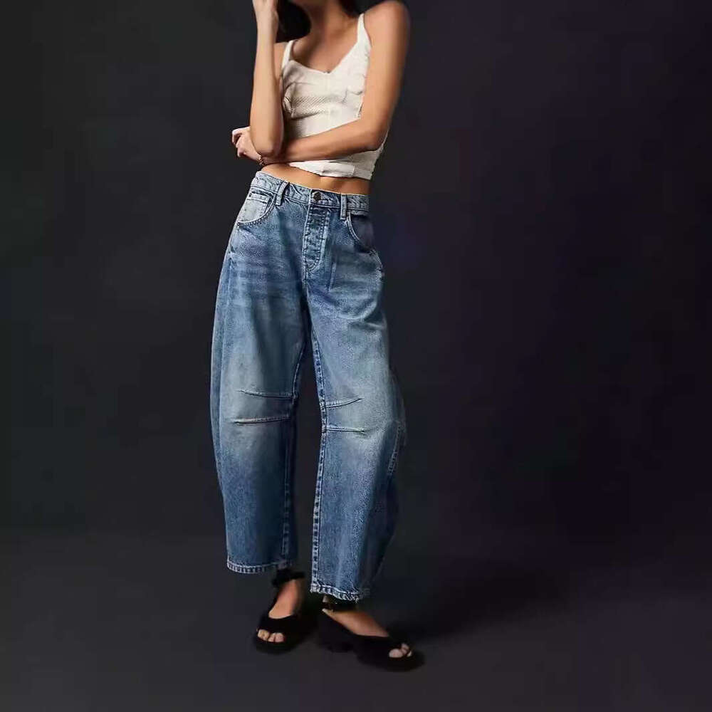 Loose Wide-Leg Mid-Low Waist Washed Denim Long Pants For Women B5