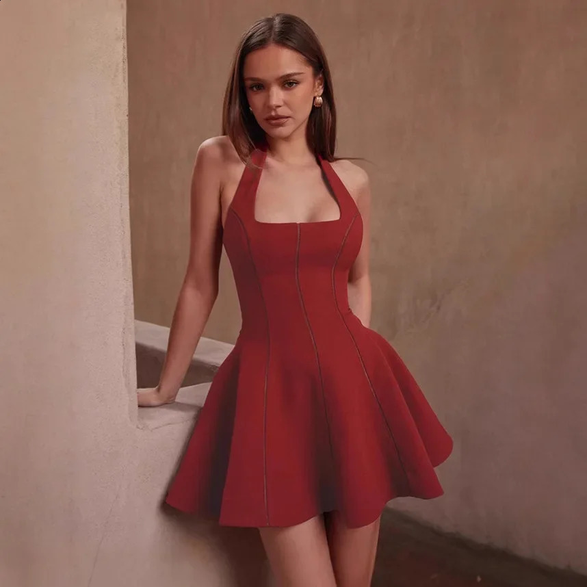 Fashionable A- Line Mini Dress Womens Sleeveless Neck Hanging Slim Fit Pure Color Spring Summer Arrival Gown for Ladies 250530