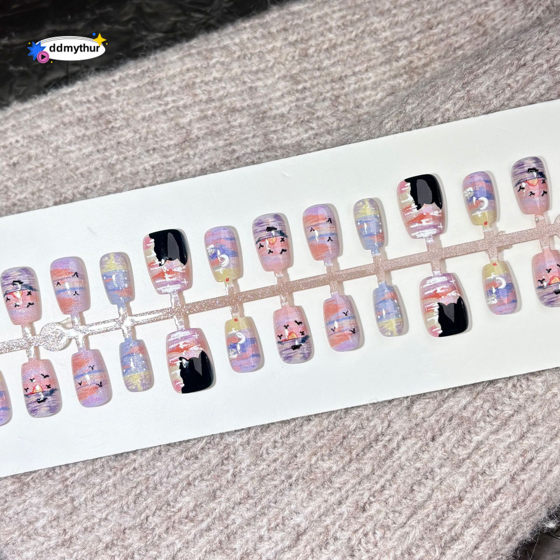 Sunset Beach Oil Painting Cat Wearing Nails Art Monet Style Purple Gradient Niche Nail Stickers ddmythur