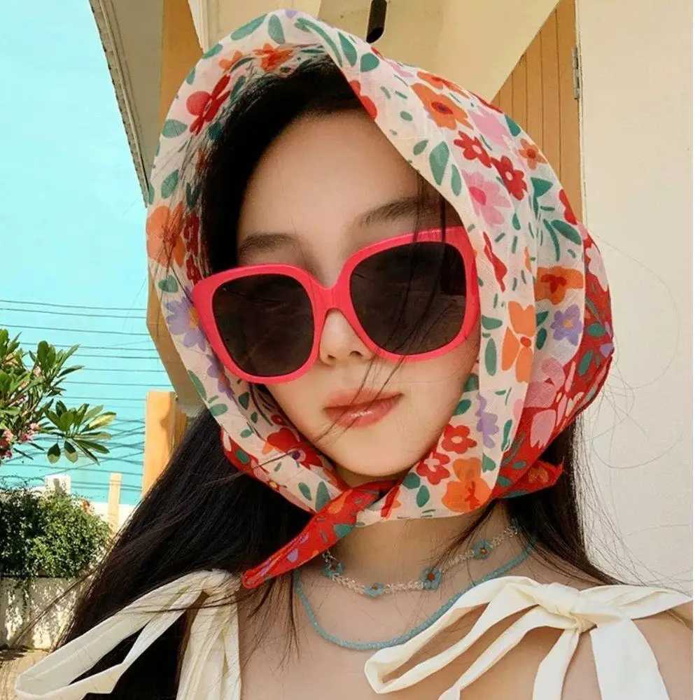 Korean Style Headscarf Versatile Floral Cotton Scarf For Spring And Summer Retro Thin And Fresh Decorative Neck Scarf For Women W250602