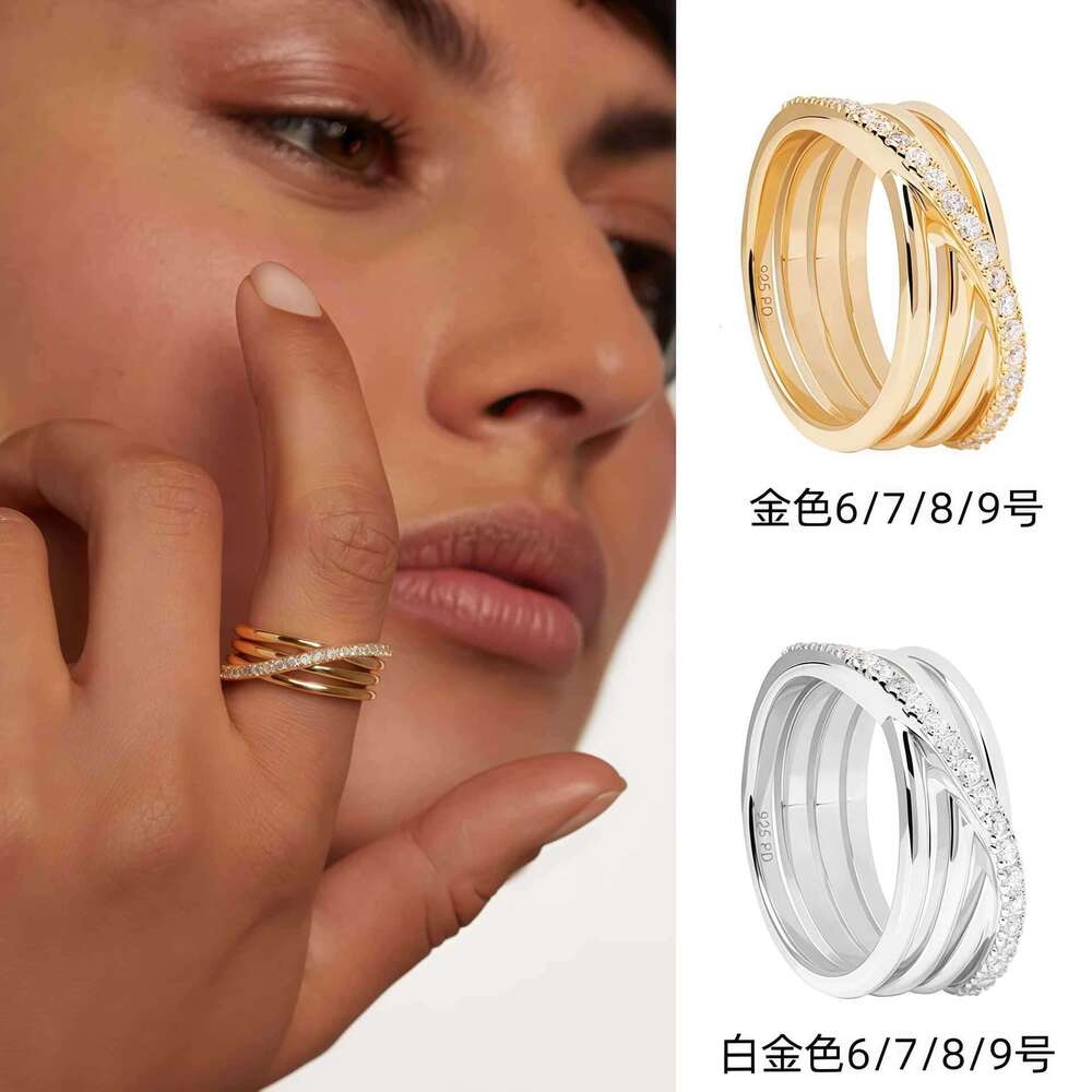Spanish PD Silver Three-Ring Cross Niche Light Luxury High-End Design Inlaid Diamond Fashion Women's Ring