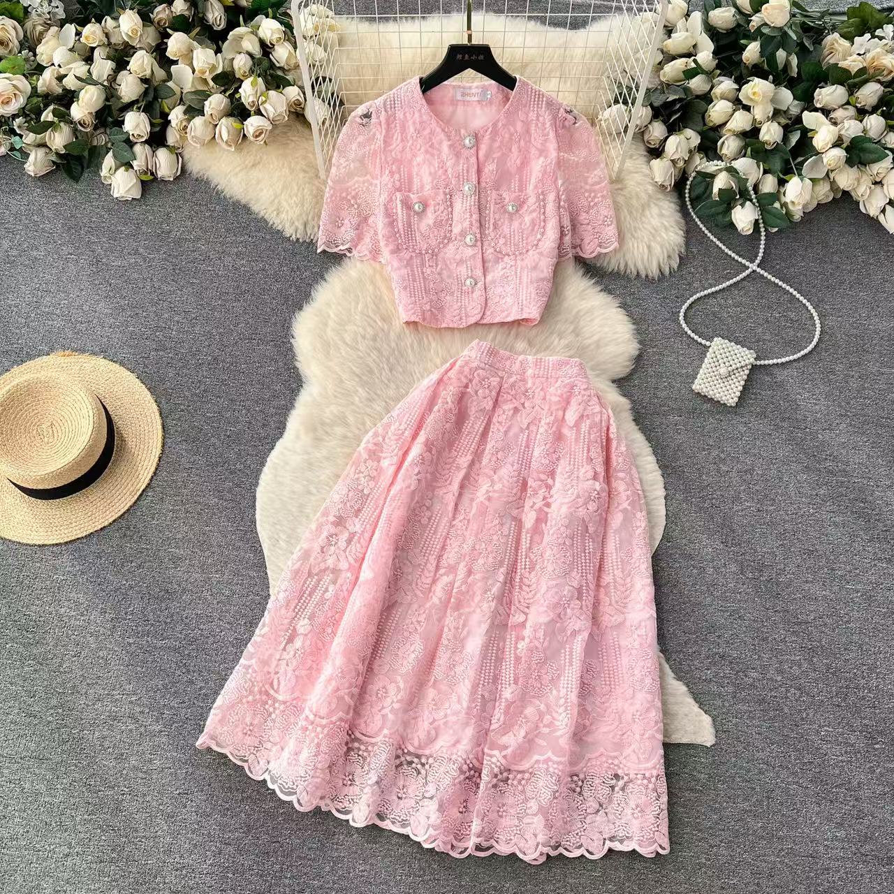 Two Piece Dress Summer Korean Small Fragrance Style Lace Set Two Piece Suit Lace Hook Flower Short Sleeve Shirt Tops Midi Skirt Women's Outfits