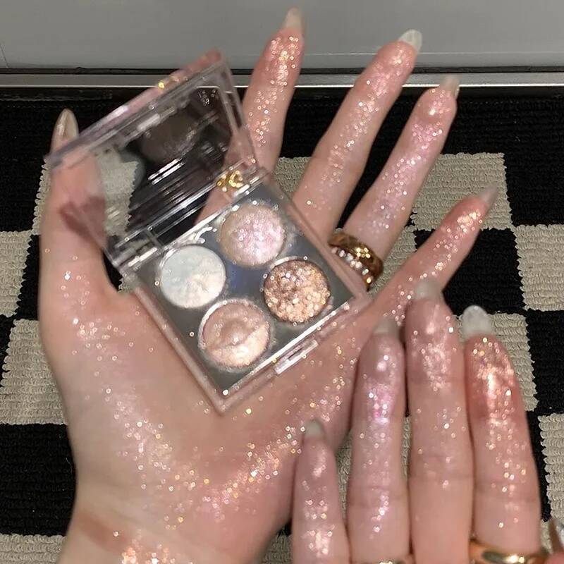 4-Color Glitter Eyeshadow Palette Shimmer Multicolor Purple Sparkling Dia Finish Baking Powder Body Face Stage Party Makeup