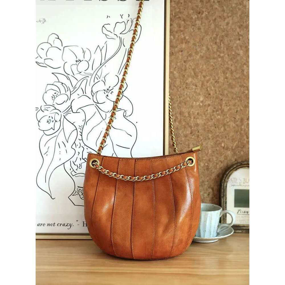 Vintage First Layer Cowhide Ing Women's Bucket Shoulder Weekend Party Genuine Leatherfemale Chain Crossbody Bag