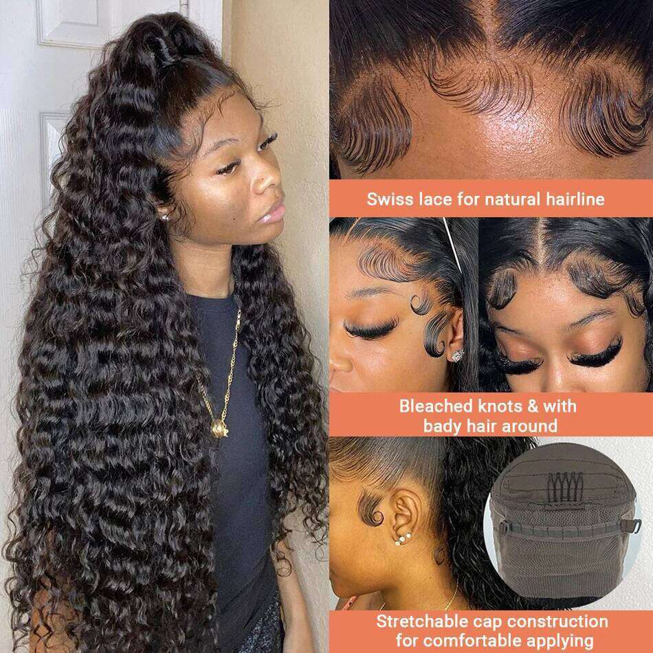 40 42 Inch Curly Front Human Hair Wigs For Black Women Pre Plucked Transparent 13x4 Deep Wave Frontal 13x6 Hd Lace Wig