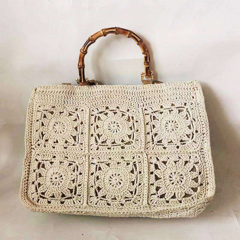 Vintage Bamboon Handle Women Handbags Crochet Large Capacity Tote Handmade Woven Hollow Beach Bag Casual Big Summer Bags