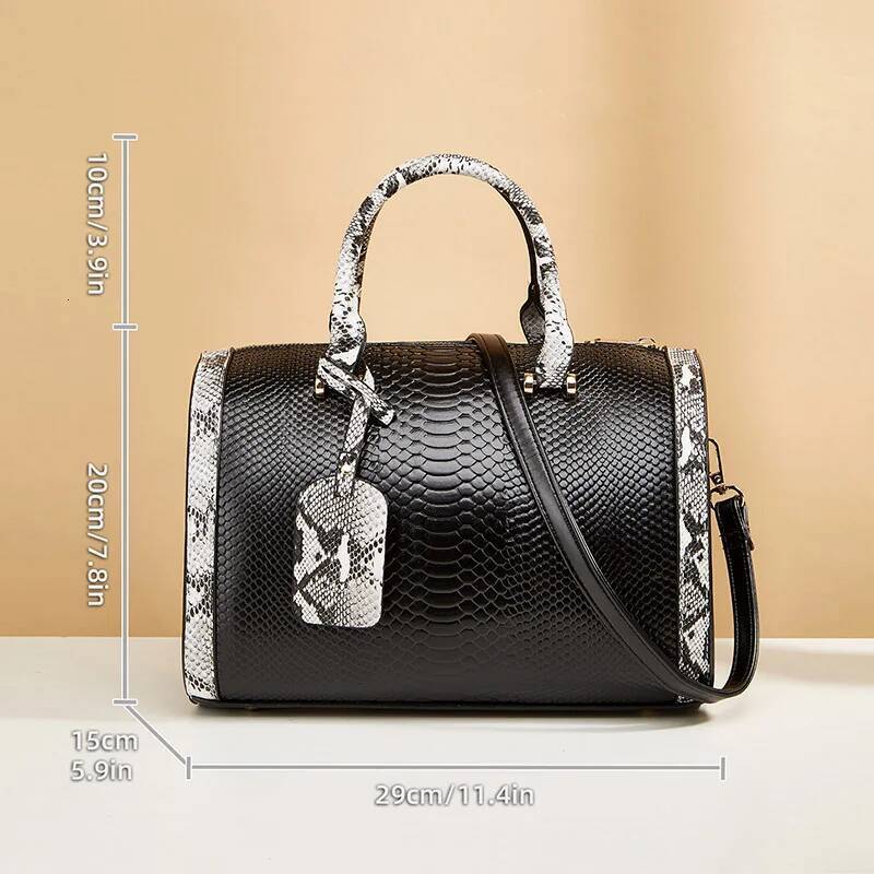 2024 New Women's Fashionable Snake Pattern Boston Handbag, Large-Capacity Multi-Compartment Double Handle, Detachable Strap, Can Be Worn on One S