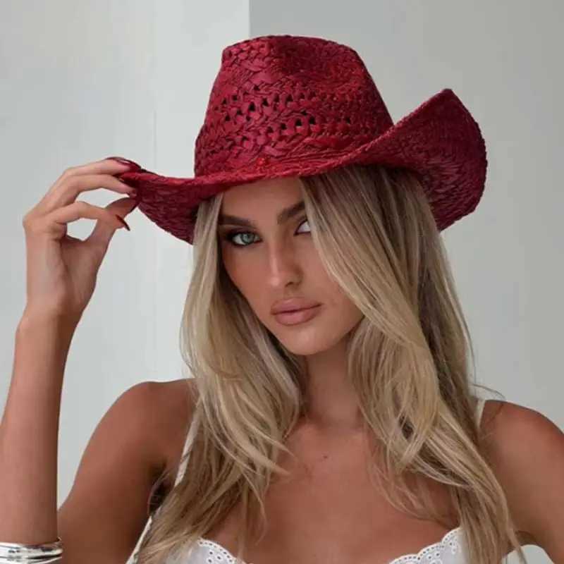 Cowboy Hat Red Hand-Painted Summer Straw Hat for Men and Women Cowboy Hat Outdoor Travel Sun Protection Beach Hat Sombrero Vaquero W250602