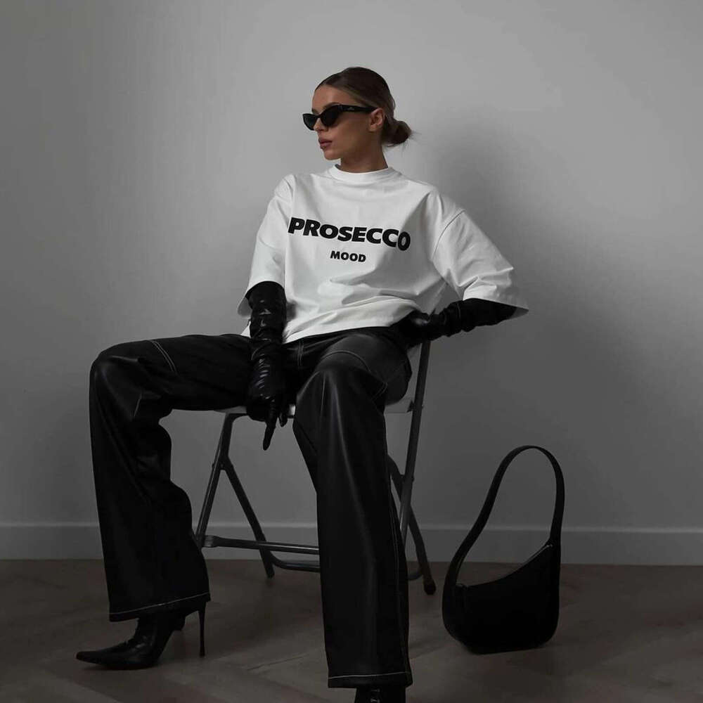 Ins Style Simple Letter Print Drop Shoulder Round Neck Pullover Top Spring Summer New Oversize Short Sleeve T-Shirt B5