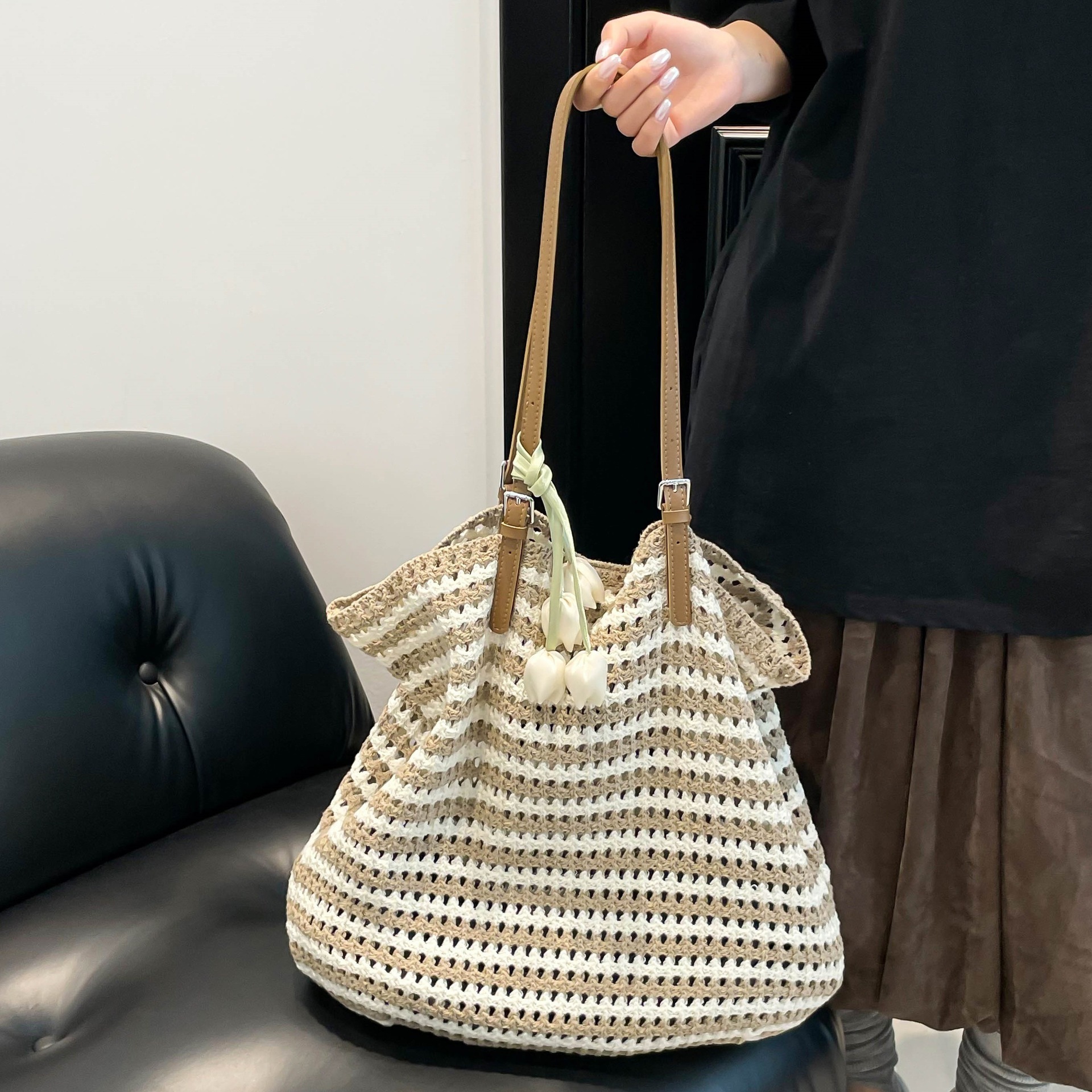 designer Bohemian Style Cotton Stripe Woven Large Bag for Women 2025 New Beach Vacation Large Capacity Underarm Tote Bag