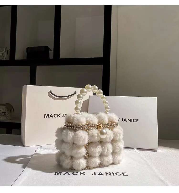 Mink Hair Metal Cage Pearl Beading Women's Handbag Crystal Dias Evening Wedding Party Clutch Purse Crossbody Bag