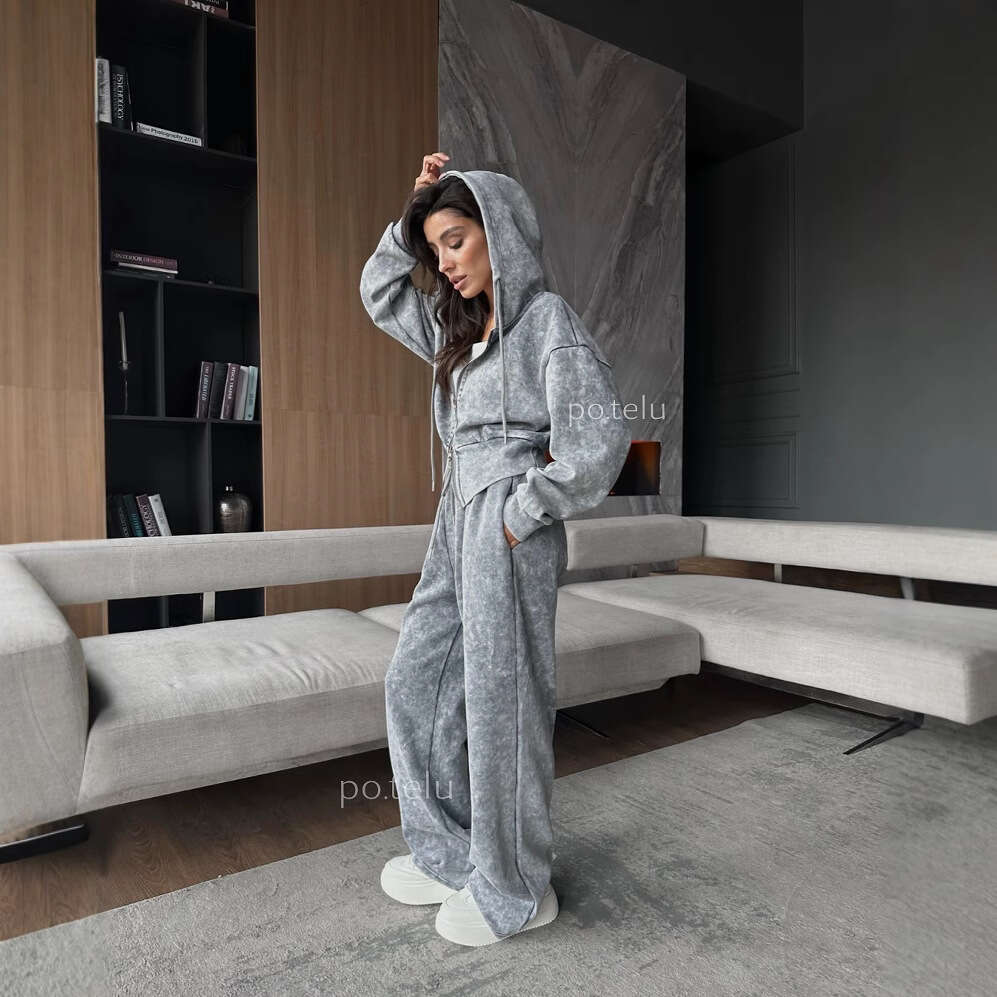 Spring New Washed Vintage Women's Fashion Short Hoodie Sweatshirt Casual Long Pants Two-Piece Set For Women B5