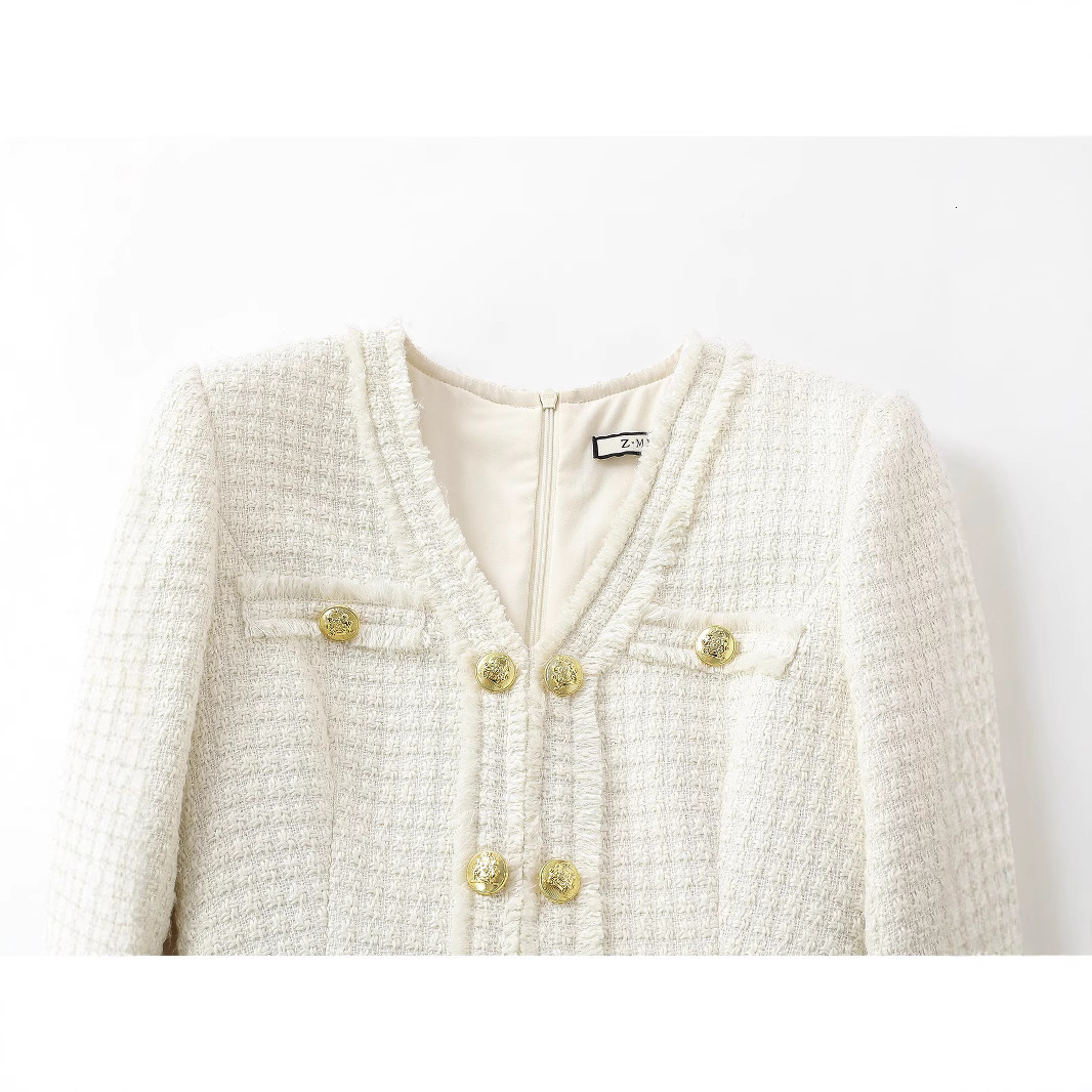Off white tweed dress spring / autumn womens dress tassel ladies slim bottoming dress one-piece 240625