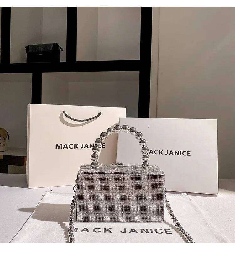 Beads Beaded Square Box Women's Handbag Glitter Rhinestones Dia Evening Wedding Party Clutch Purse Shoulder Bag