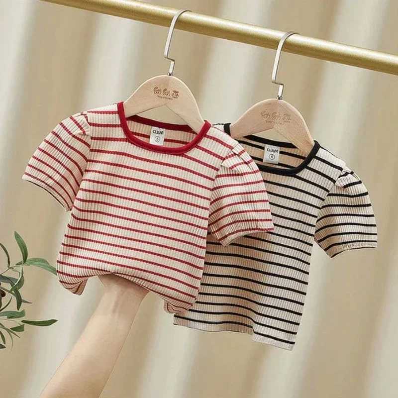 Baby Girls Short Sleeved T-Shirt 2024 Summer Kids Top Tees Toddler Striped Printed Shirts Childrens Clothes Korean Style T250603