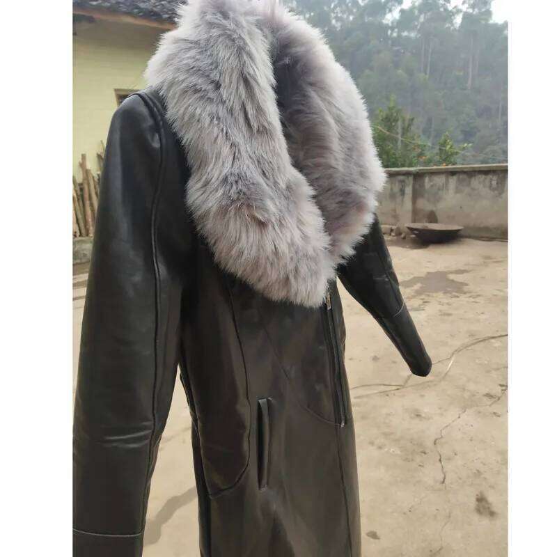 Winter Faux Fur Collar Leather Long Loose Coats Coat Female Jacket Parka Women Femme Rabbit Mink Sheepskin Fashion Fox
