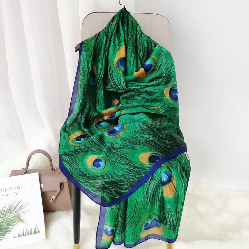 Peacock Feather Long Imitation Silk Women Spring Autumn Versatile Large Square Brocade Scarf Beach Sun Protection Shawl