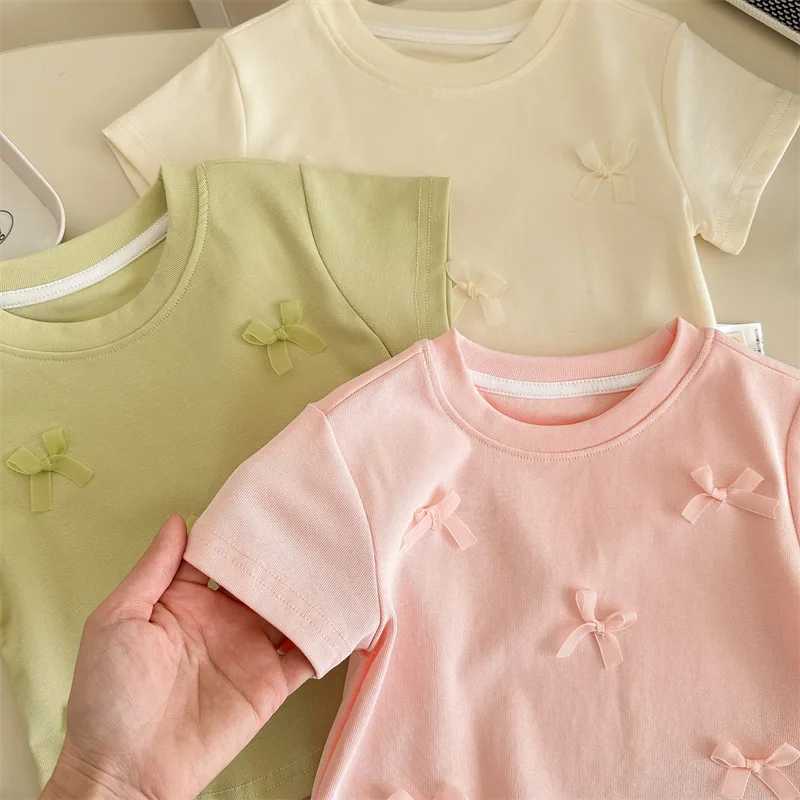 New Summer Cute Girls Short Sleeve T-shirt with Bow Ribbon Stylish Girl Toddler Simple Casual Childrens Clothing Thin Tops T250603