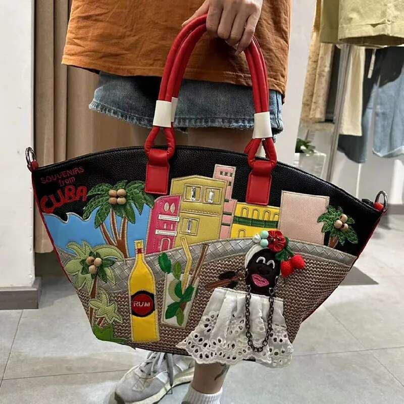New Fashionable Handbag Large Capacity Shoulder Creative Splicing Embroidered Basket Holiday Bag Hand Bag Ladies