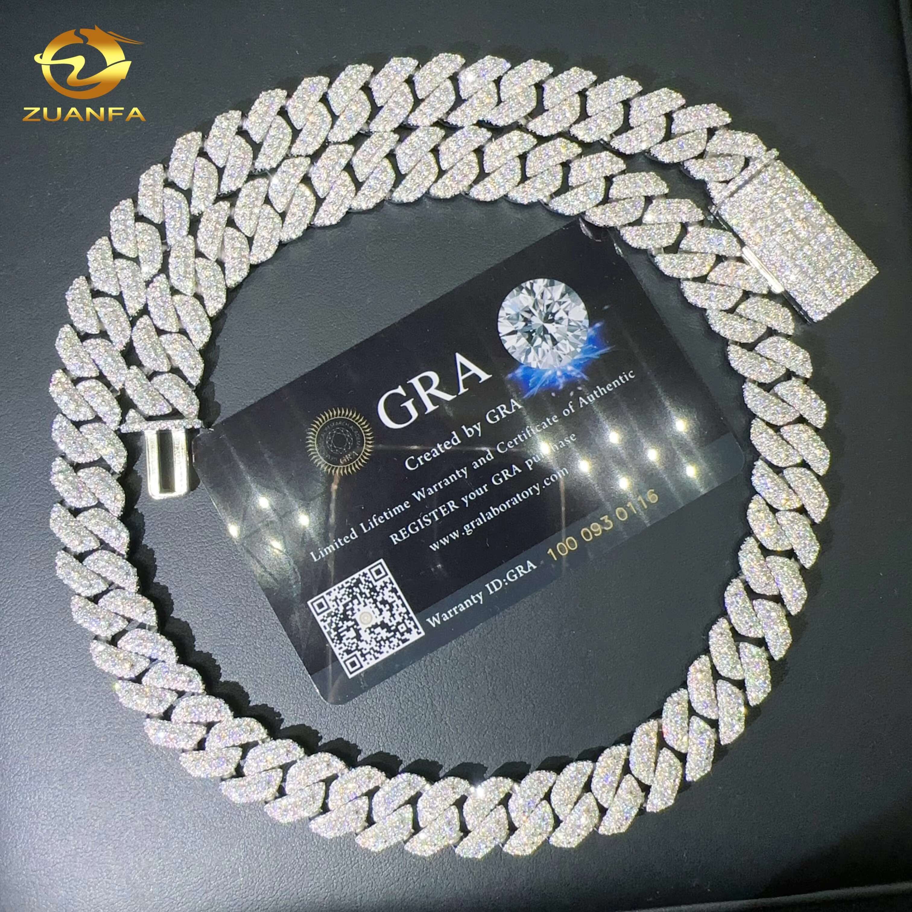 Hip Hop Jewelry Men Cuban Necklace Sterling Silver 925 D Color VVS Moissanite Diamond 15MM Width Cuban Link Chain