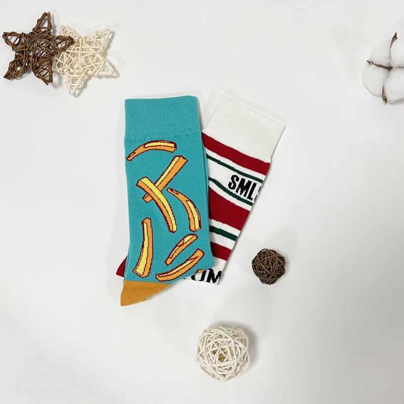 1 Pair Unisex Funny AB Style Tomato Ketchup French Fry Printed Mid-Calf Socks Suit In All SeasonsT250602