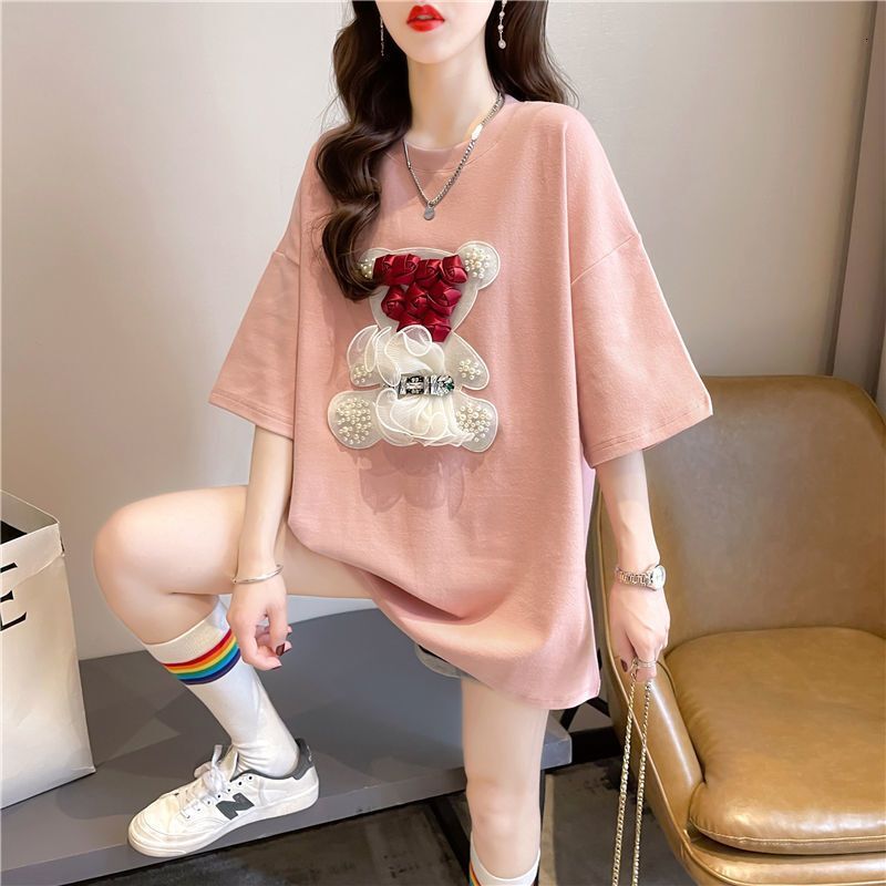 2025 new spring and summer T-shirt, sweet and thick bead embellishment, pure cotton women's short sleeved T-shirt, summer new loose designer mid 