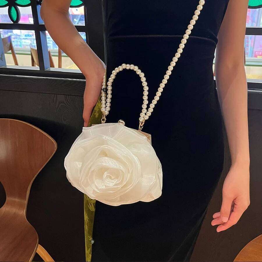 Chain Vintage Pearl Satin Rose Evening Clutch Design Dinner Party Wedding Flower Purse White/Black Bridal Banquet Handbags Prom