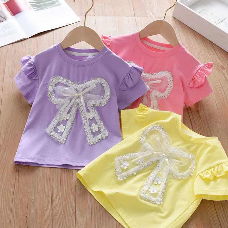 Childrens T-Shirts Lace Bow Lace Short Sleeve Top T Shirt for Kids Girl 2 To 7 Years Kids Clothes for Girls T-shirt T250603