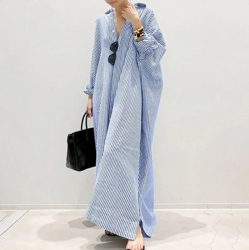 Loose Large Size Striped Cotton Linen Open Cardigan Commute Irregular Dress Elegant Atmosphere Cross-Border Original Single 250529