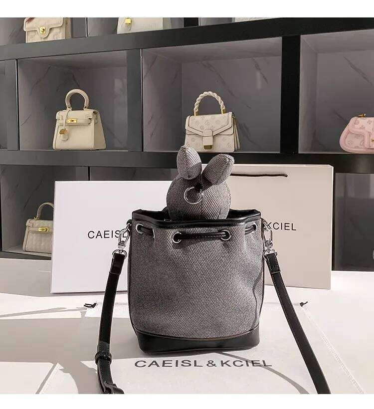 High Quality Fashion Solid Color Canvas String Bucket Cute Rabbit Doll Women Handbag Lady Purse Shoulder Messenger Bag