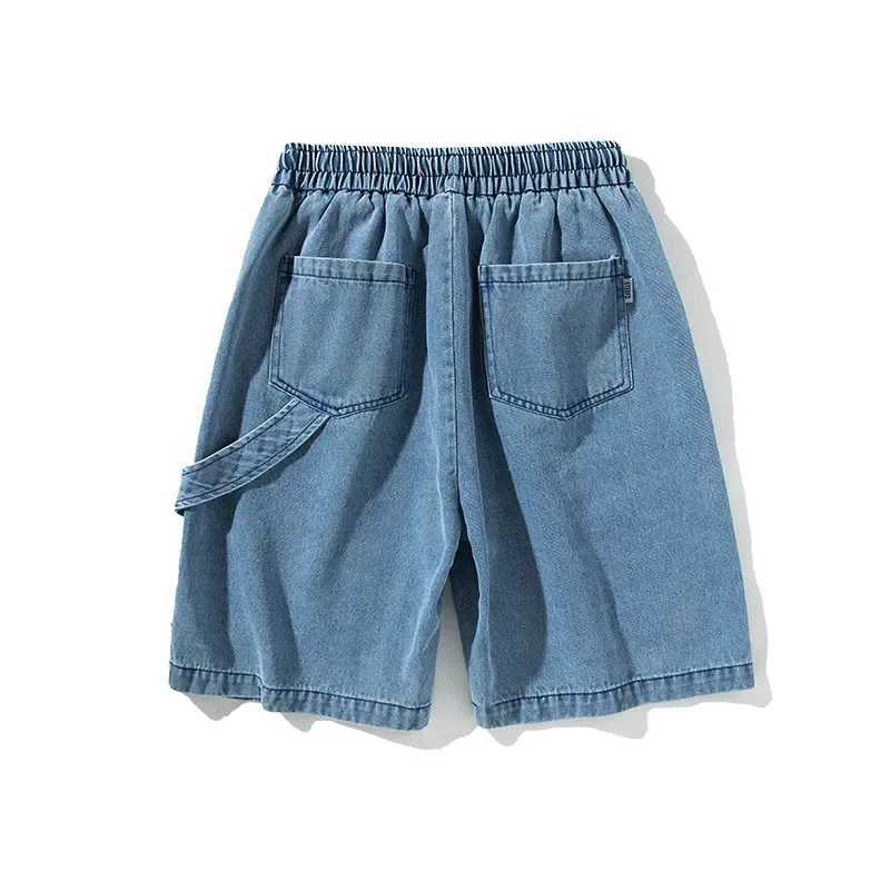American Retro Light Blue Lumber Cargo Denim Shorts Men Draw Rope Loose Casual High Street Summer Mens Short Pants T250603