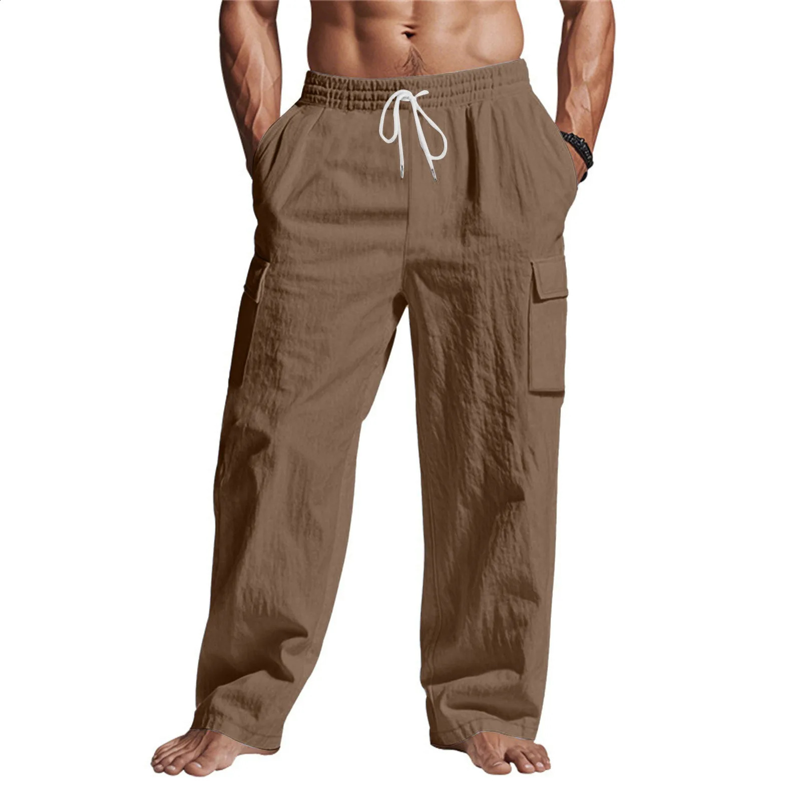 Mens Baggy Pants Linen Thin Breathable Multi-pocket Cargo Pants Loose Casual Wide Leg Straight Pants Spring Summer 250528