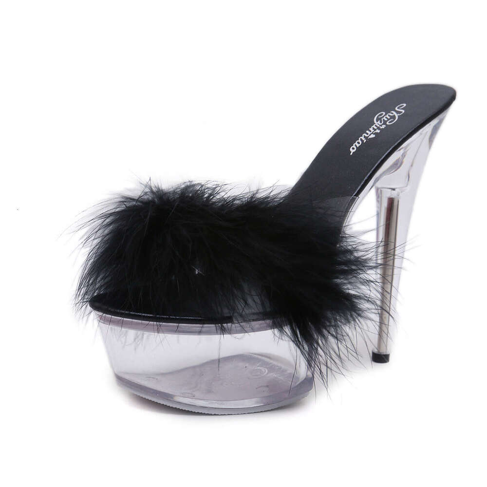 Super High Heels Sexy Fluffy Super 15Cm Stiletto Thick Sole Waterproof Platform Slippers Transparent Crystal Wedding Shoes Banquet High Heels Platform